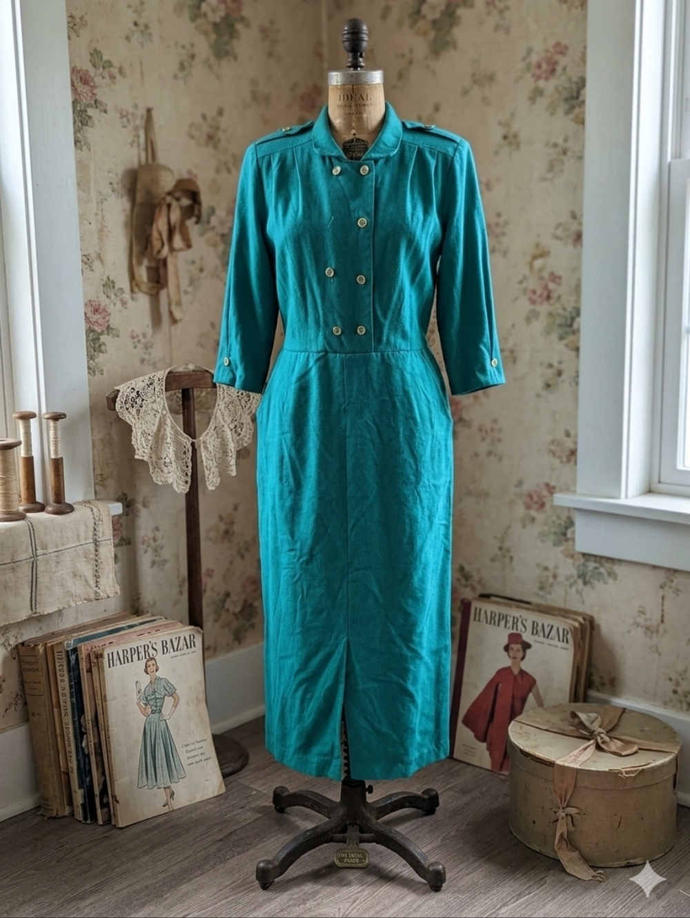 Vintage 80s Teal Military-Style Midi Dress | First Choice Canada
